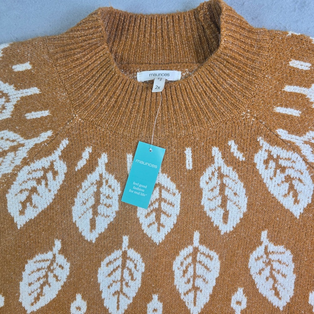 Maurices Sweater Womens 2X Brown Leaf Intarsia Mock Neck Balloon Sleeve Autumn - Picture 3 of 7